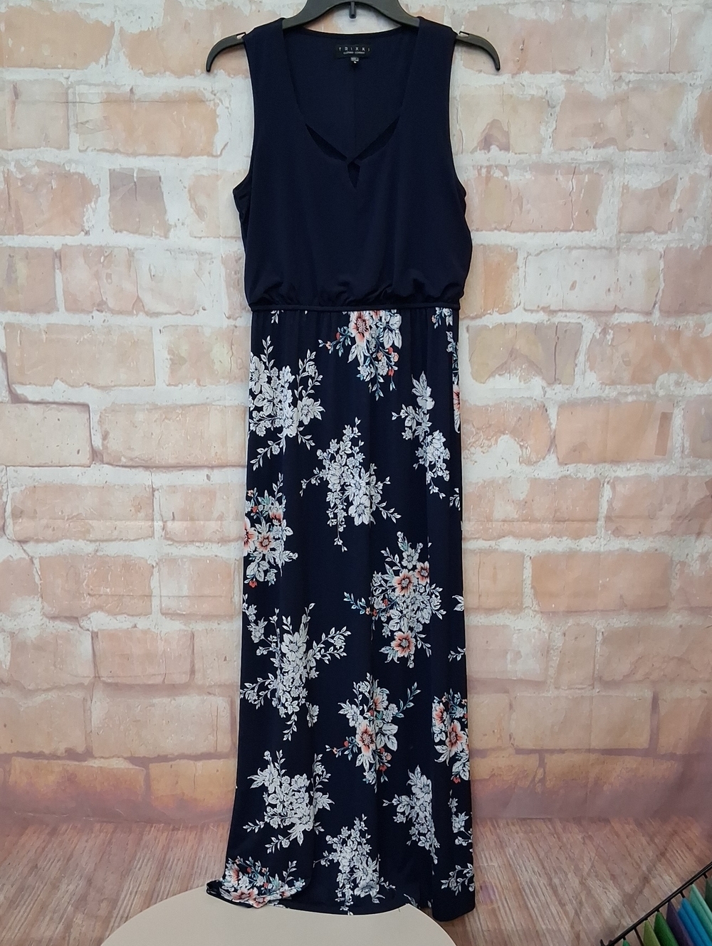 Trixxi Navy Maxi Dress with White and Coral Floral Print